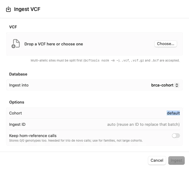vcfclick for macOS: Ingest VCF dialog with file, target database, cohort, ingest ID and keep-reference options
