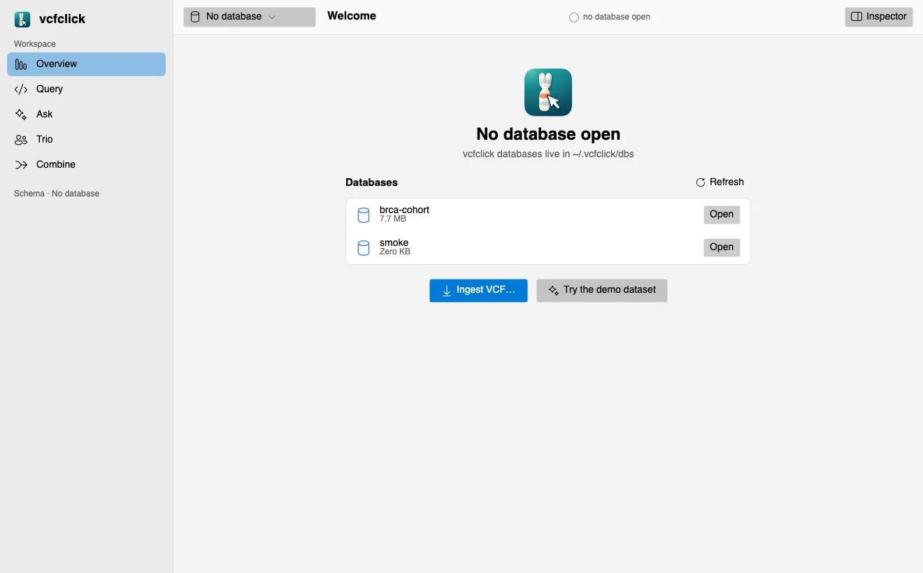 vcfclick for Windows and Linux: first-run screen listing local databases with Open buttons